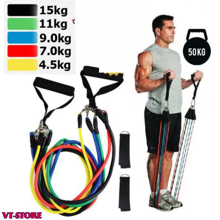 Bộ dây tập gym ngũ sắc VIET MART bộ tập chuyên nghiệp đàn hồi cao cấp 11 món, đàn hồi tập thể hình, tập kháng lực