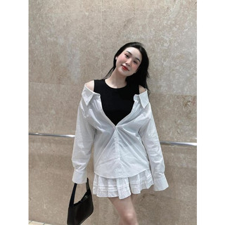 Áo sơ mi zip balo hở vai dáng rộng 2 màu