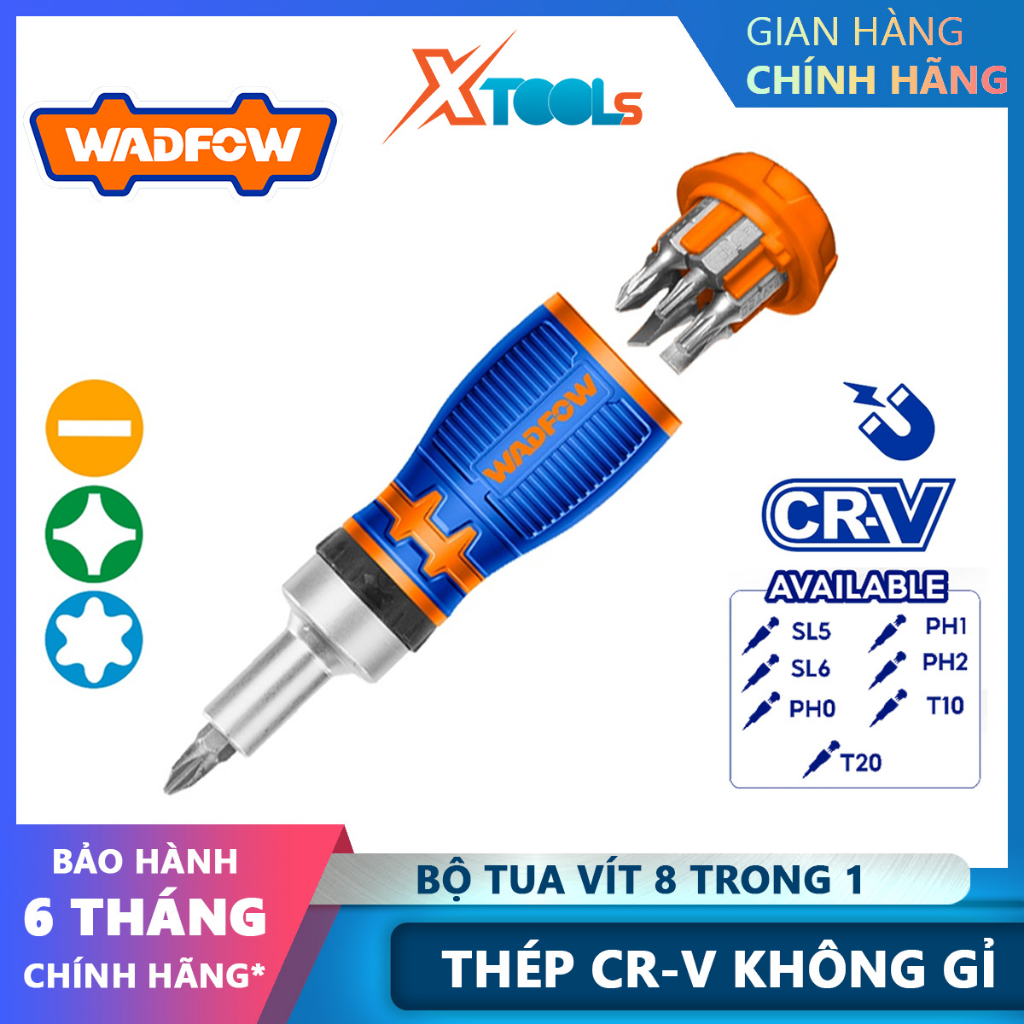 Bộ tua vít 8 trong 1 WADFOW WSS8608 chất liệu thép CR-V không gỉ, gồm 1 tay cầm 7 đầu vít
