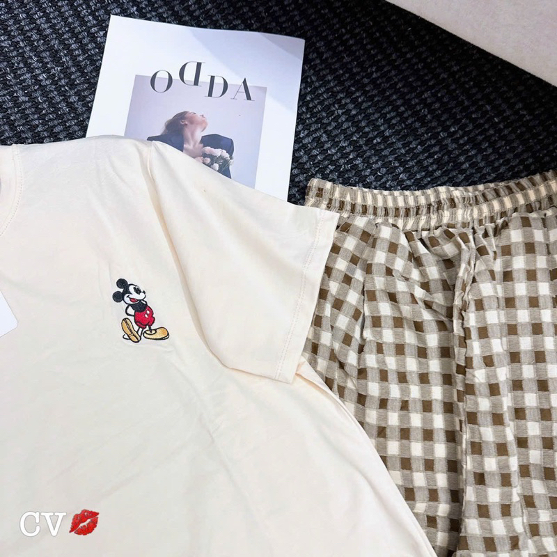 Bộ Cotton Quần Kẻ Đũi Hoạ Tiết Thêu Siêu Xinh