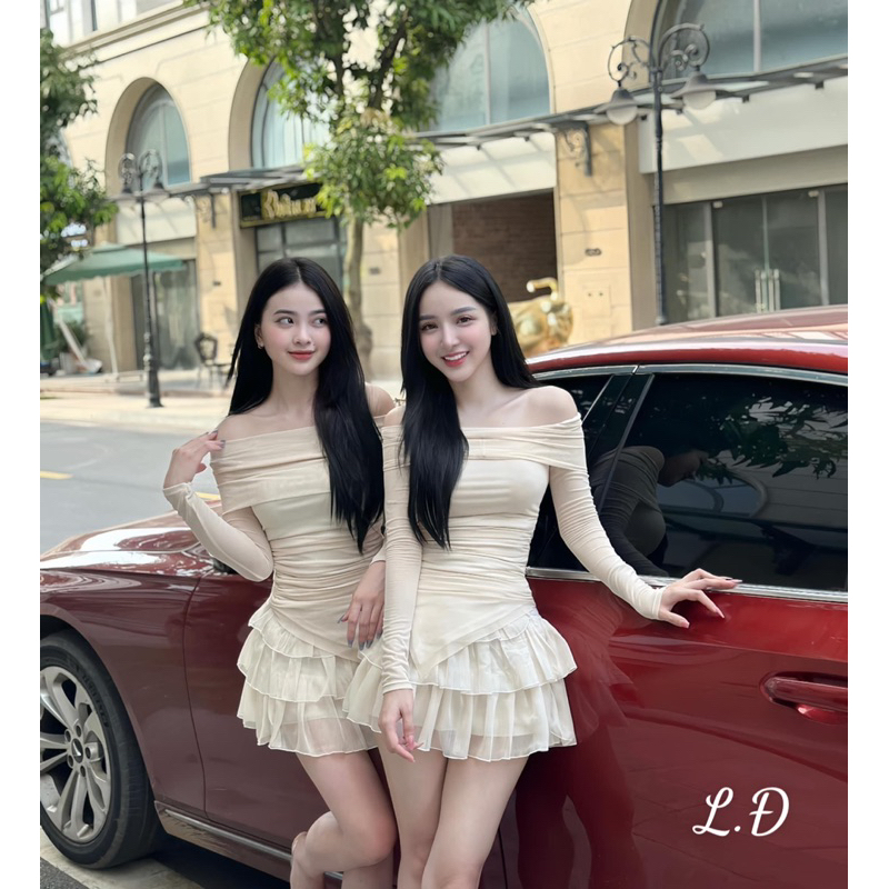 Set áo lưới trễ vai mix chân váy bèo tầng siêu xinh