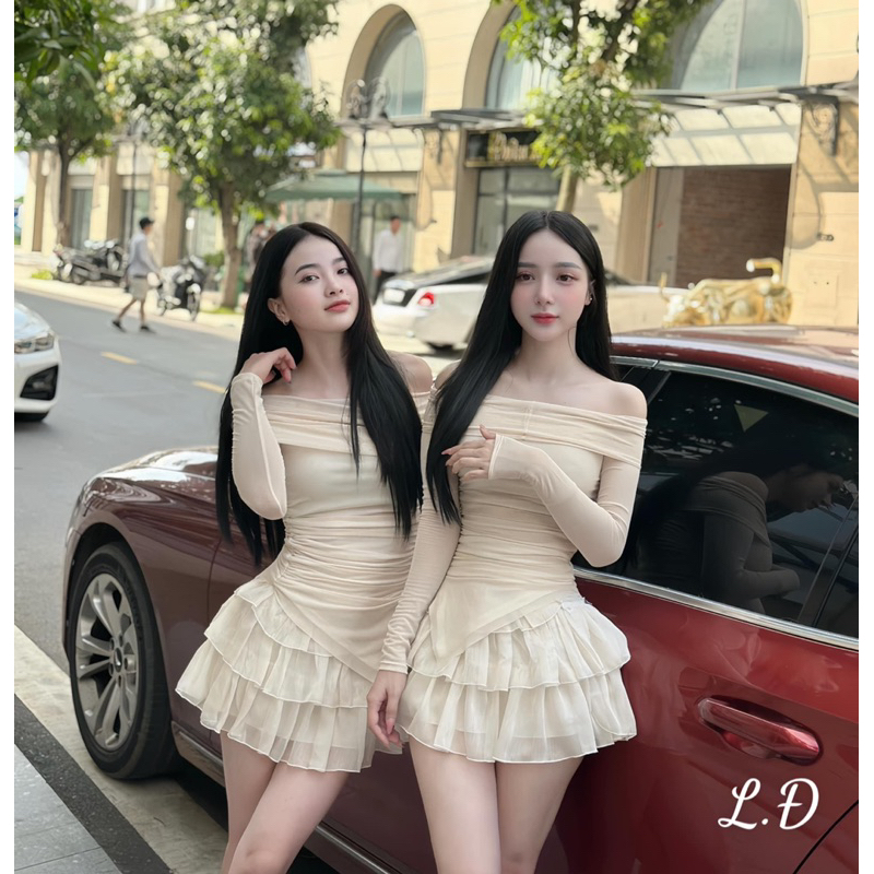 Set áo lưới trễ vai mix chân váy bèo tầng siêu xinh