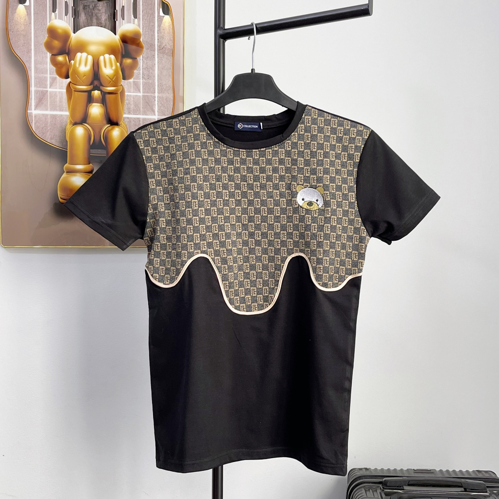 Áo phông nam thêu gấu tay ngắn phối họa tiết vải co giãn thoáng mát cao cấp-AHFASHION