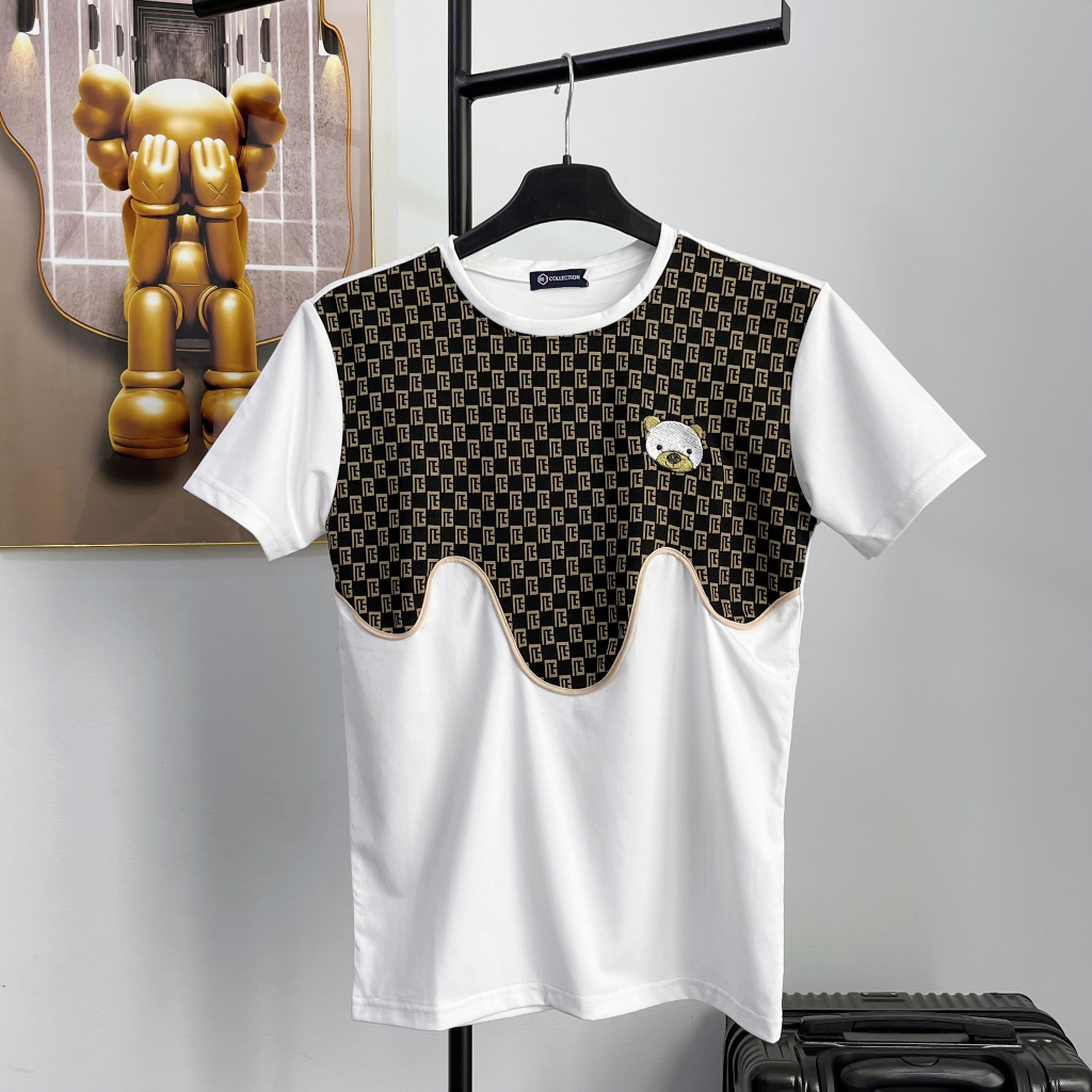 Áo phông nam thêu gấu tay ngắn phối họa tiết vải co giãn thoáng mát cao cấp-AHFASHION