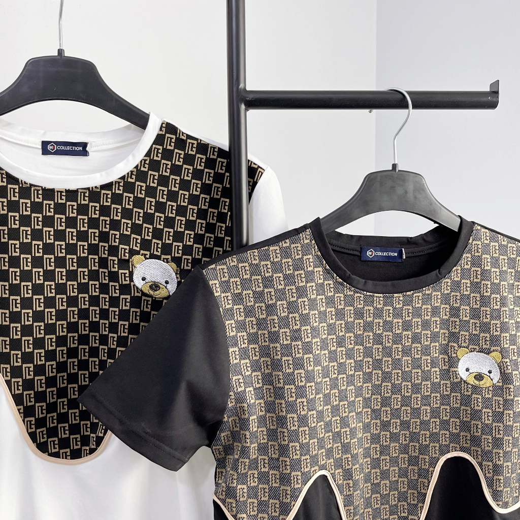 Áo phông nam thêu gấu tay ngắn phối họa tiết vải co giãn thoáng mát cao cấp-AHFASHION