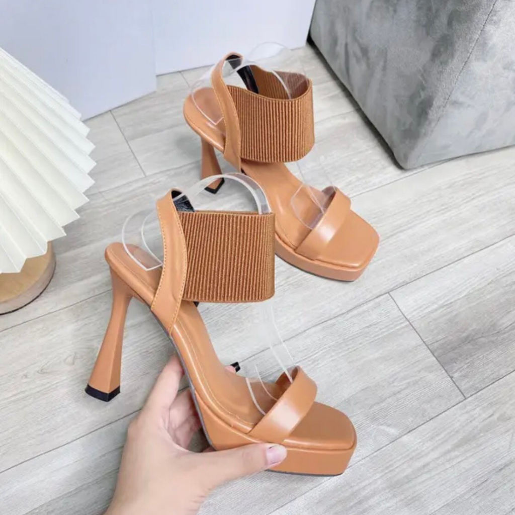 Guốc sandal cao gót 12cm hót trend,quai ngang bo chun co dãn,chất liệu da lì,gót ly siêu xinh