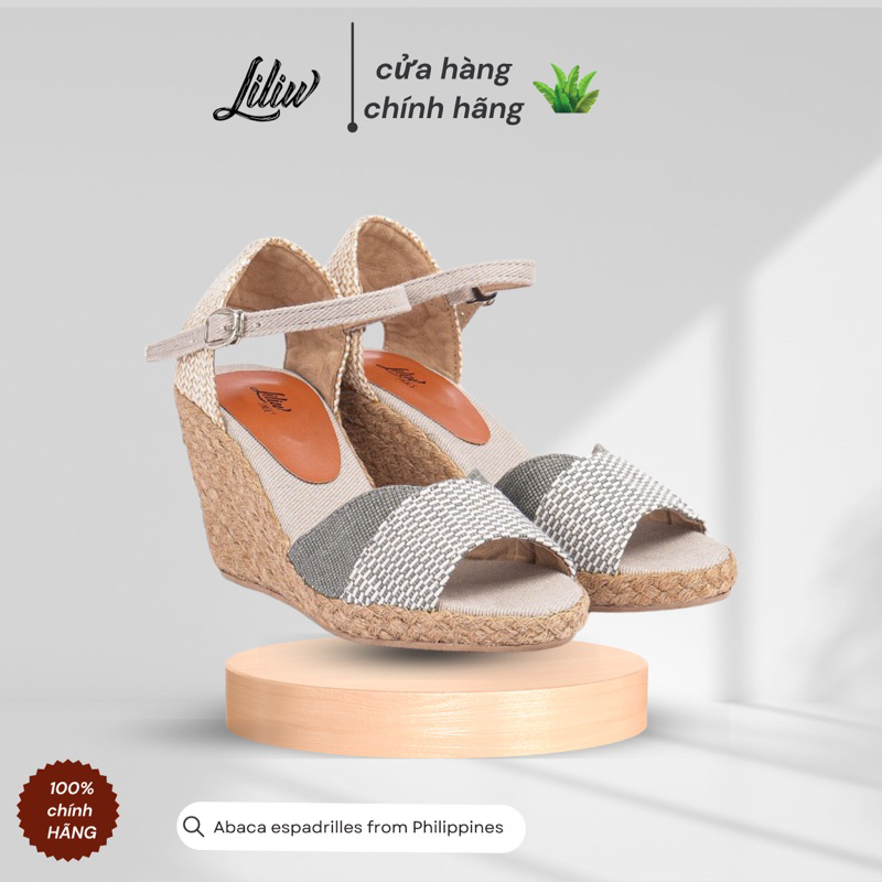 Giày đế cói Liliw dáng xuồng cao 8 cm quai chéo hoạ tiết thổ cẩm xám dễ phối đồ - Coco thổ cẩm