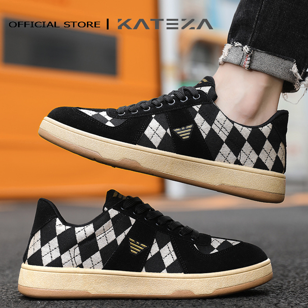 Giày nam thể thao KATEZA89 kẻ caro chất canvas phối da lộn thoáng khí nhẹ êm cá tính năng động dễ phối đồ