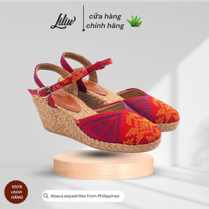Giày Cao Gót Cói Liliw Đế Xuồng Kín Mũi Chữ V Quai Gài Thổ Cẩm 6cm - Tiên Đào Đỏ