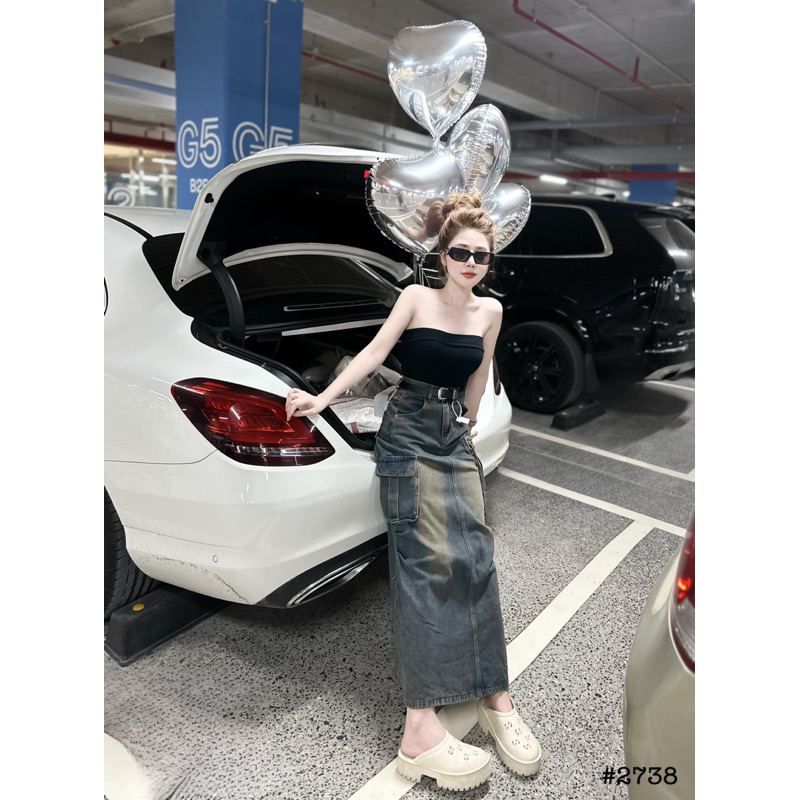 Chân váy jeans bò loang túi hộp khoá hàng QCL1