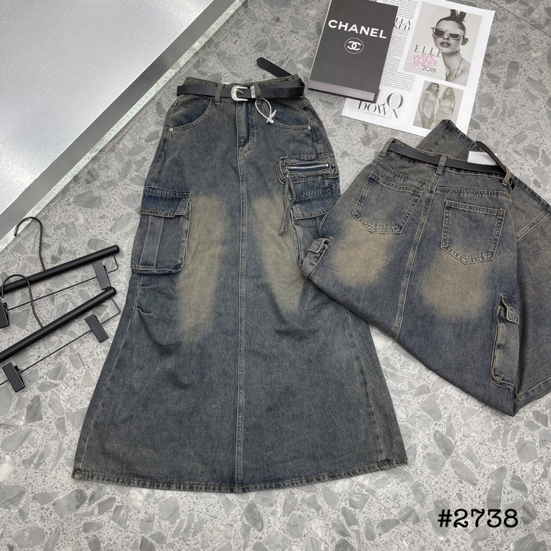 Chân váy jeans bò loang túi hộp khoá hàng QCL1