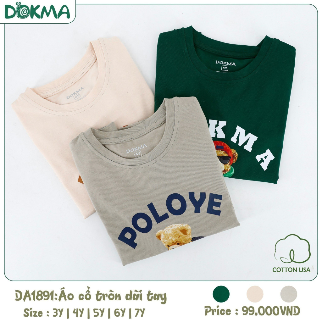 Áo dài tay thu đông cổ tròn bé trai Dokma size 2-6Y