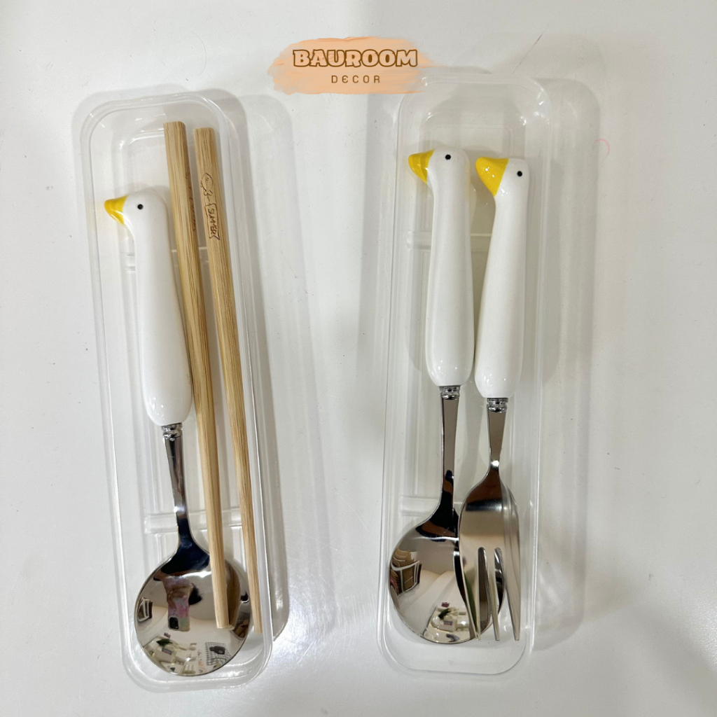 Bộ muỗng đũa nĩa sứ,inox tạo hình chú vịt