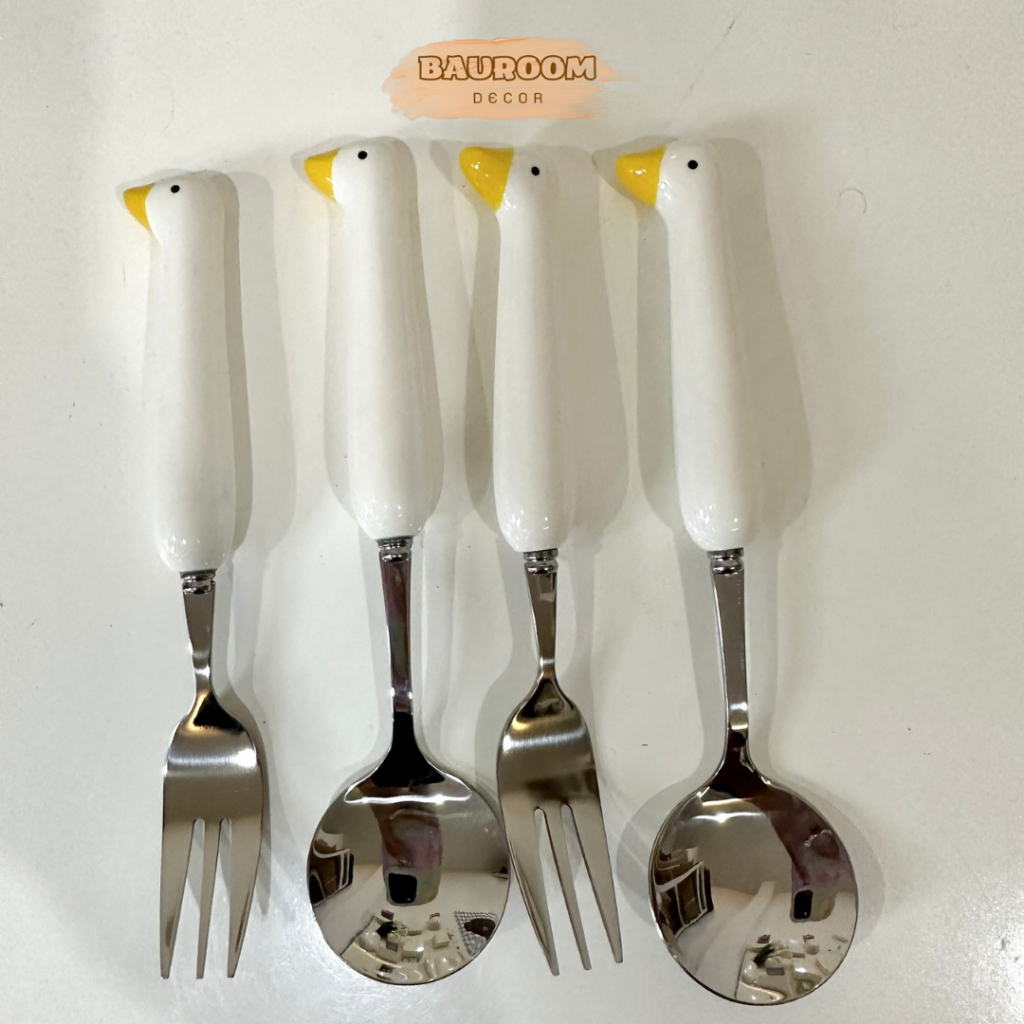 Bộ muỗng đũa nĩa sứ,inox tạo hình chú vịt