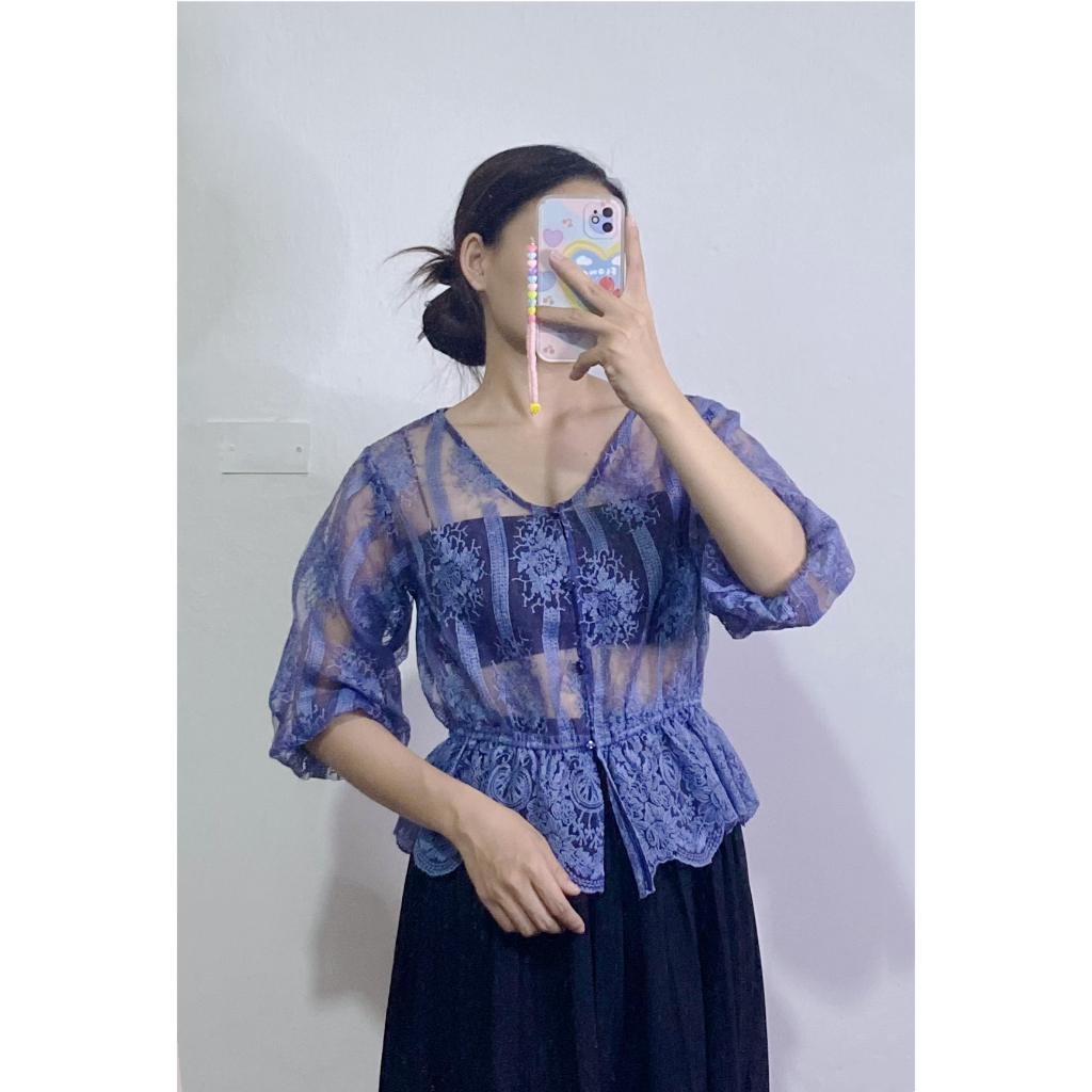 Áo ren kiểu cổ tim tay lửng dáng peplum màu xanh vintage secondhand