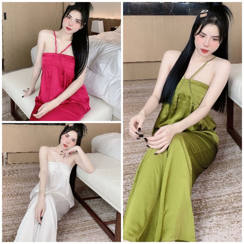Đồ ngủ pyjama Áo 2 dây quần dài Mẫu hoạ tiết xếp li chất lụa Latin cao cấp mềm đẹp Shopkieu_95