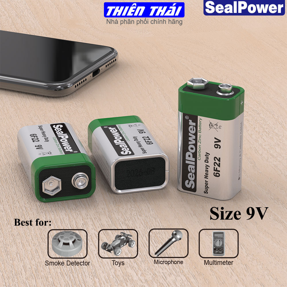 Pin vuông Sealpower,pin 9V, pin 6F22 Siêu bền, chính hãng, dung lượng cao 250mAh, gắn micro, karaoke, đèn pin, đồ chơi
