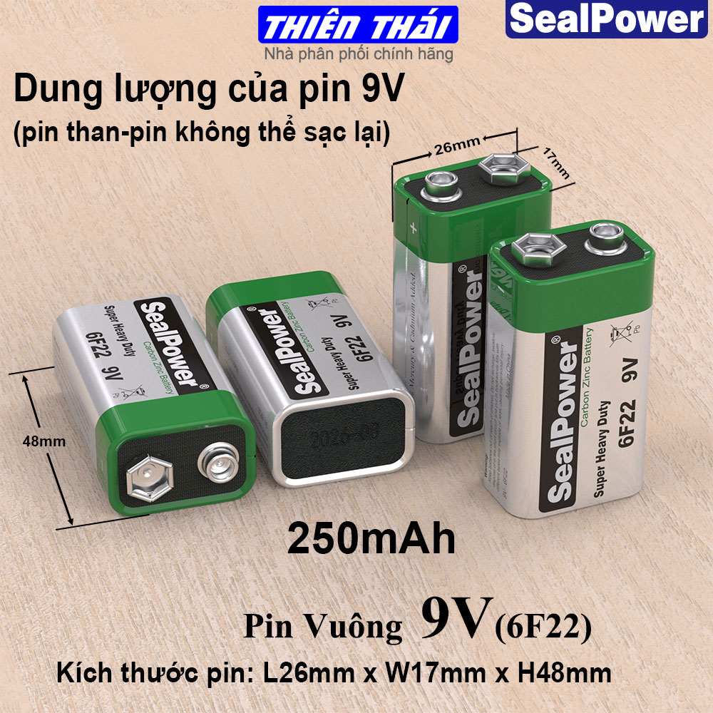 Pin vuông Sealpower,pin 9V, pin 6F22 Siêu bền, chính hãng, dung lượng cao 250mAh, gắn micro, karaoke, đèn pin, đồ chơi