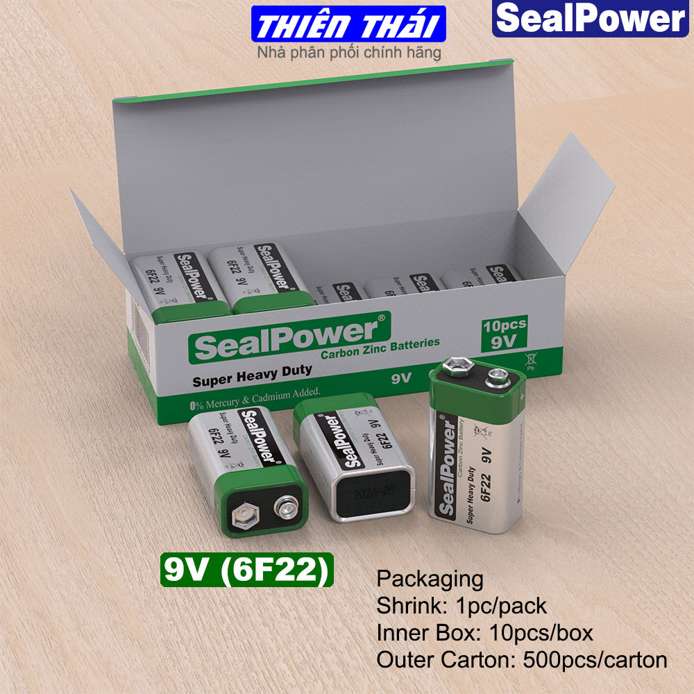 Pin vuông Sealpower,pin 9V, pin 6F22 Siêu bền, chính hãng, dung lượng cao 250mAh, gắn micro, karaoke, đèn pin, đồ chơi