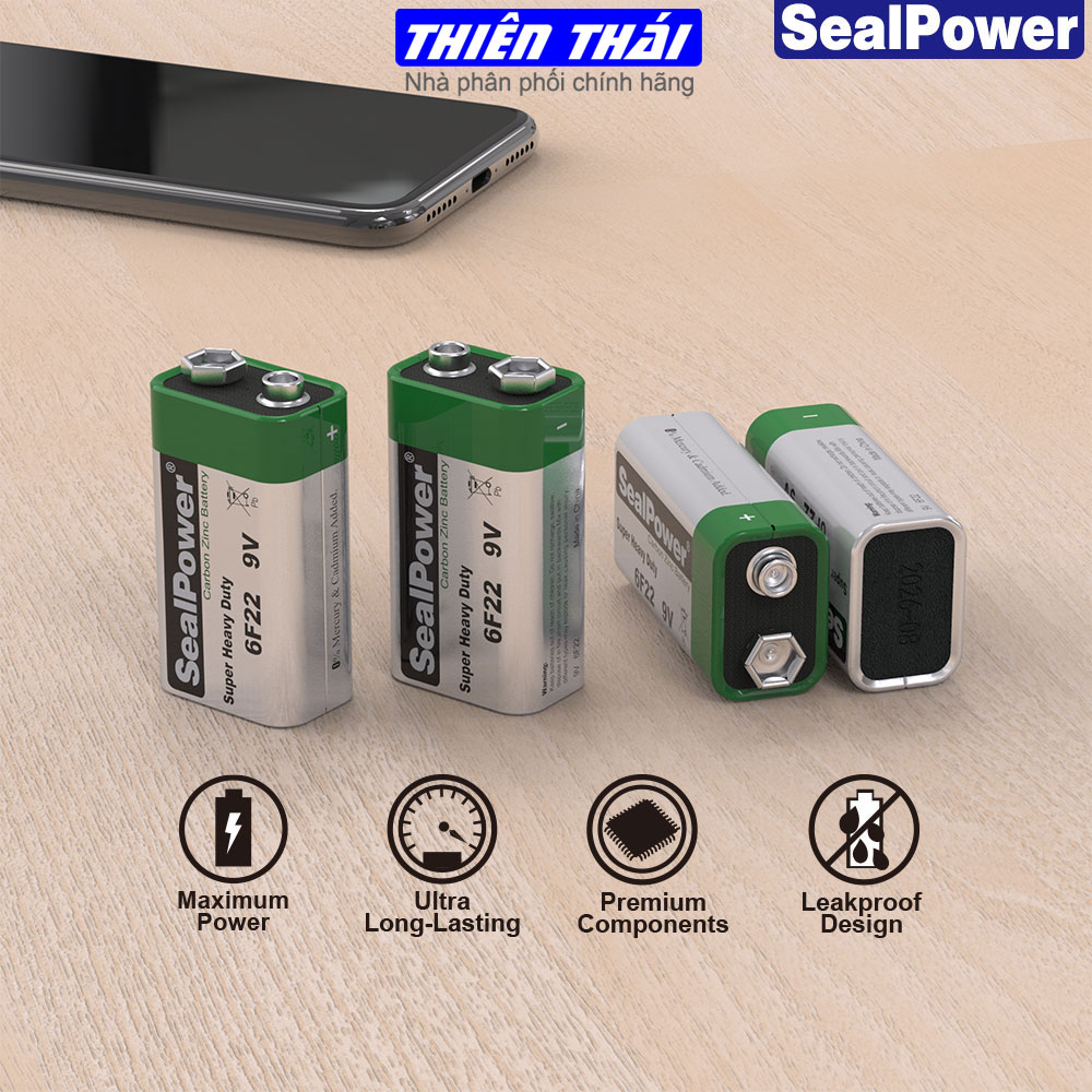 Pin vuông Sealpower,pin 9V, pin 6F22 Siêu bền, chính hãng, dung lượng cao 250mAh, gắn micro, karaoke, đèn pin, đồ chơi