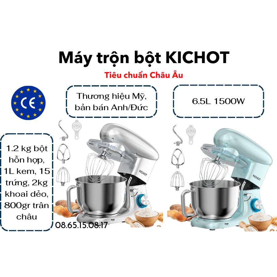 Máy nhào bột KICHOT 6.5L 1500W - đánh kem, trứng đa năng - Máy trộn bột