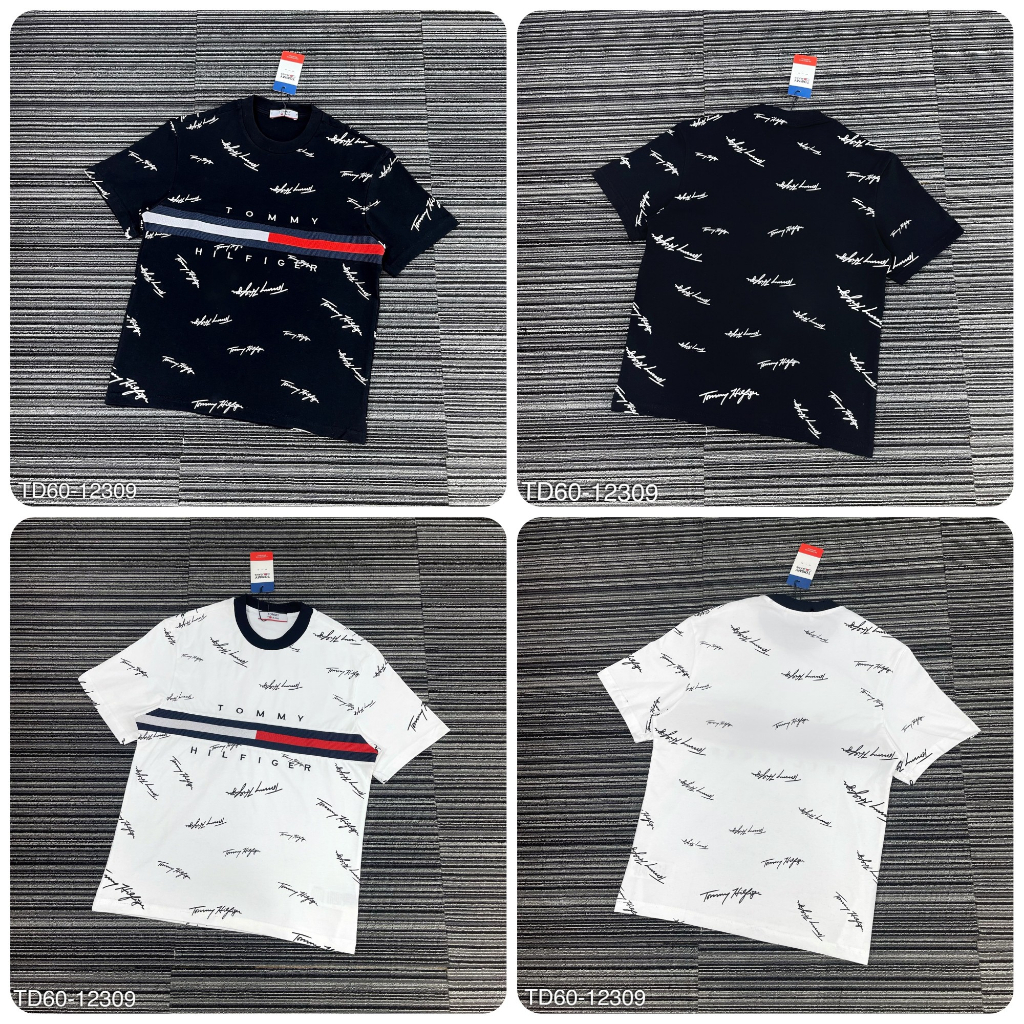Áo phông nam nữ Tommy Hilfiger in vạch sọc đen trắng đỏ chữ kí quanh áo. Áo Thun Unisex Form Rộng Siêu Hot Phiên Bản Mới