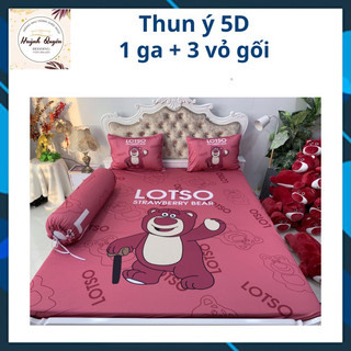 Bộ drap ga thun ý 5d mẫu gấu bông tông hồng không chăn