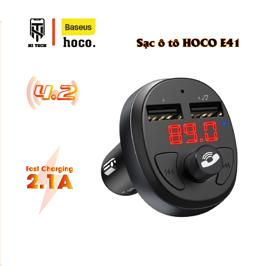 Tẩu sạc ôtô Hoco E41 2 cổng USB, hỗ trợ gọi rảnh tay một chạm, tích hợp microphone, nghe nhạc cao cấp. | BigBuy360 - bigbuy360.vn