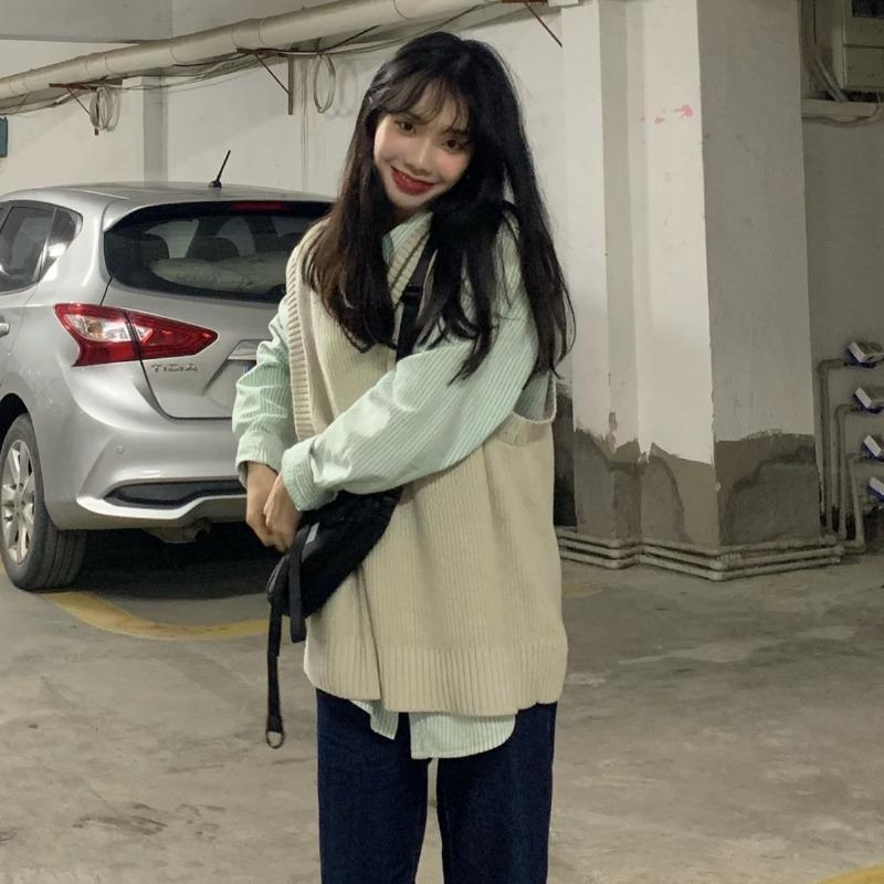 Áo len gile và áo sơ mi dành cho nữ Hàn Quốc, áo len gile và áo sơ mi sọc phong cách dễ thương