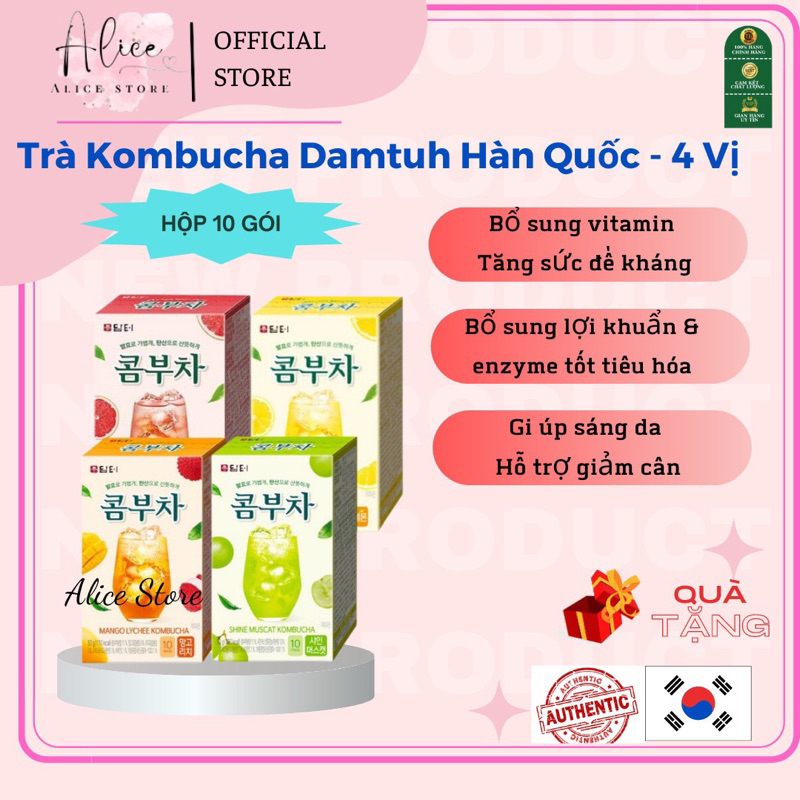 Trà Kombucha Damtuh Hàn Quốc 4 Vị Trái Cây Đẹp Da Khỏe Dáng - Hộp 10 Gói