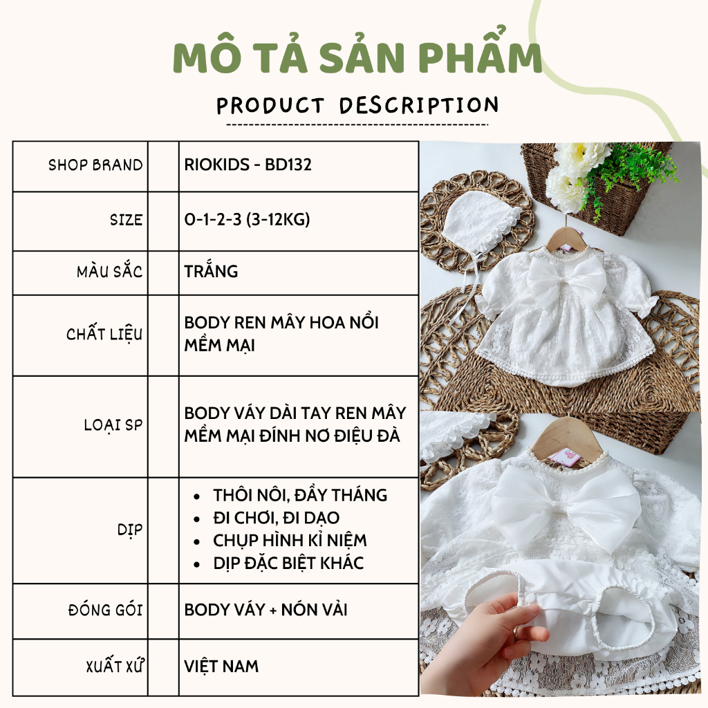Body váy công chúa, đầm tiểu thư RIOKIDS cao cấp cho bé gái sơ sinh mặc thôi nôi, đầy tháng BD132