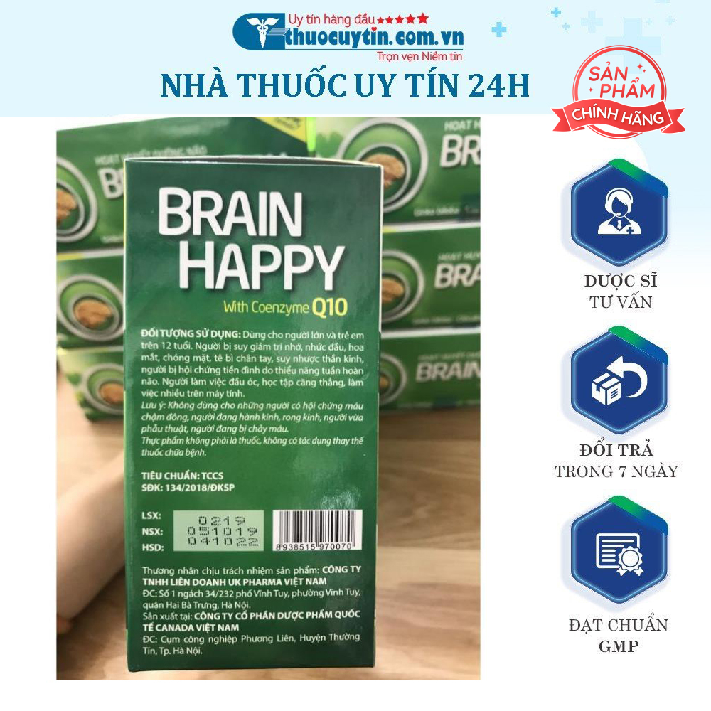 Brain Happy Q10 Hoạt huyết dưỡng não bổ não Ginkgo Biloba bổ tim mạch bổ thần kinh mất ngủ chóng mặt 100v