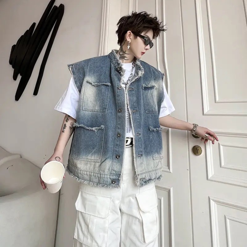 Áo Gile Jeans Nam Nữ Unisex, From Rộng Màu Wash Loang