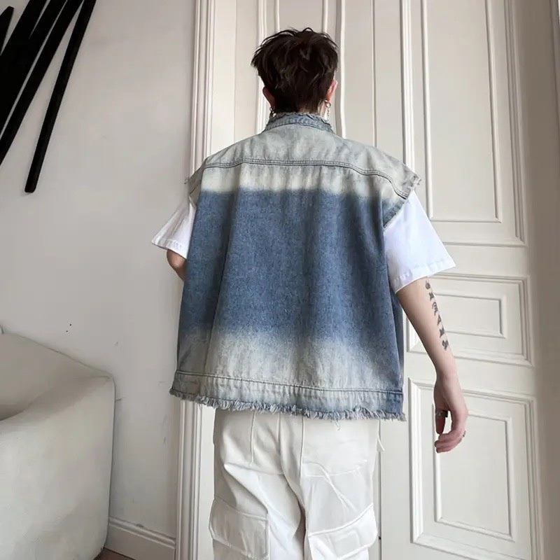 Áo Gile Jeans Nam Nữ Unisex, From Rộng Màu Wash Loang