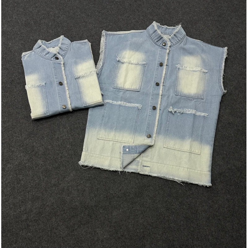 Áo Gile Jeans Nam Nữ Unisex, From Rộng Màu Wash Loang