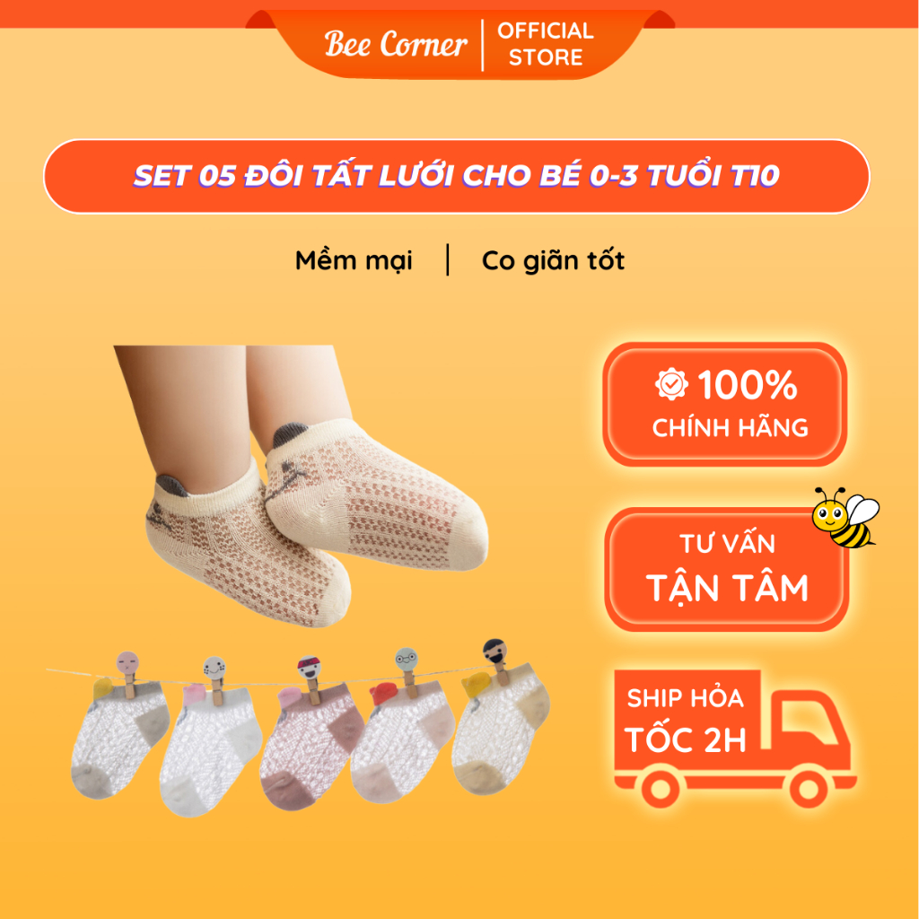 Tất Lưới Cho Bé Cotton Mềm Mịn Set 05 Đôi , Vớ Cho Bé Beecorner T10