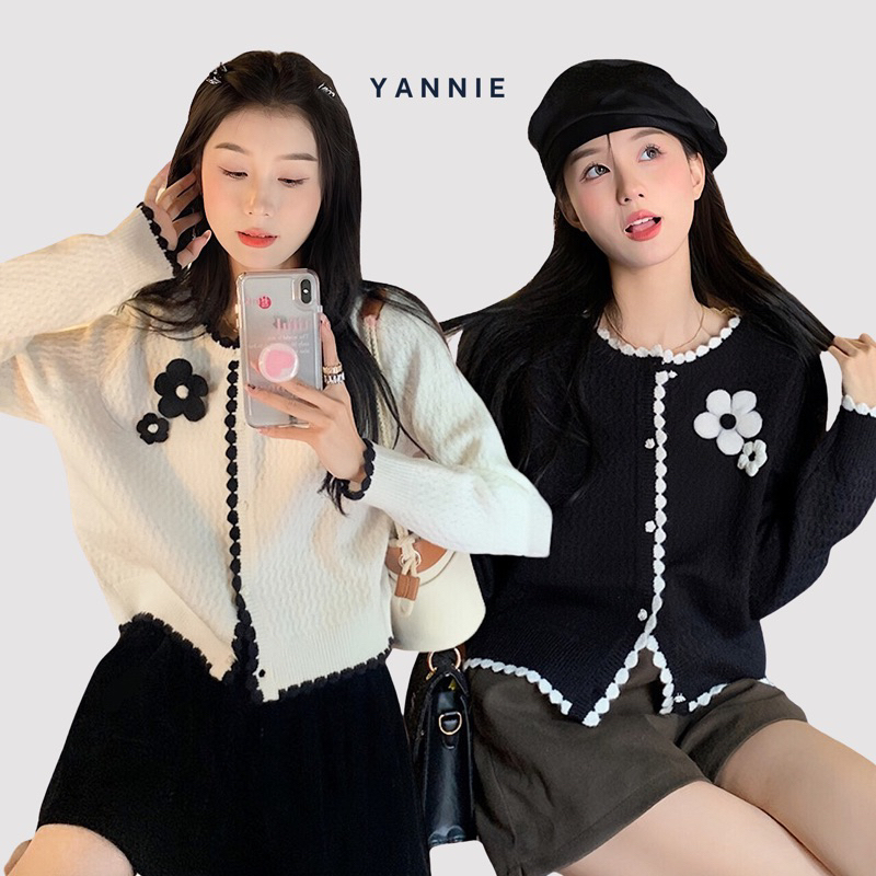 (Video tự quay) Áo khoác len cardigan đính hoa dễ thương basic Yannie
