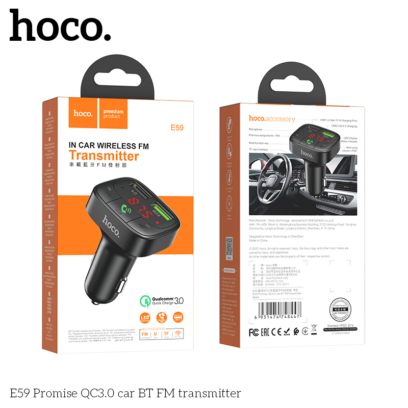 Tẩu sạc oto Hoco E59 V5.0, 2 cổng USB ( 5V/3.1A + Q.C 3.0 ) khe cắm thẻ TF, hỗ trợ nghe nhạc và sạc điện thoại. | BigBuy360 - bigbuy360.vn