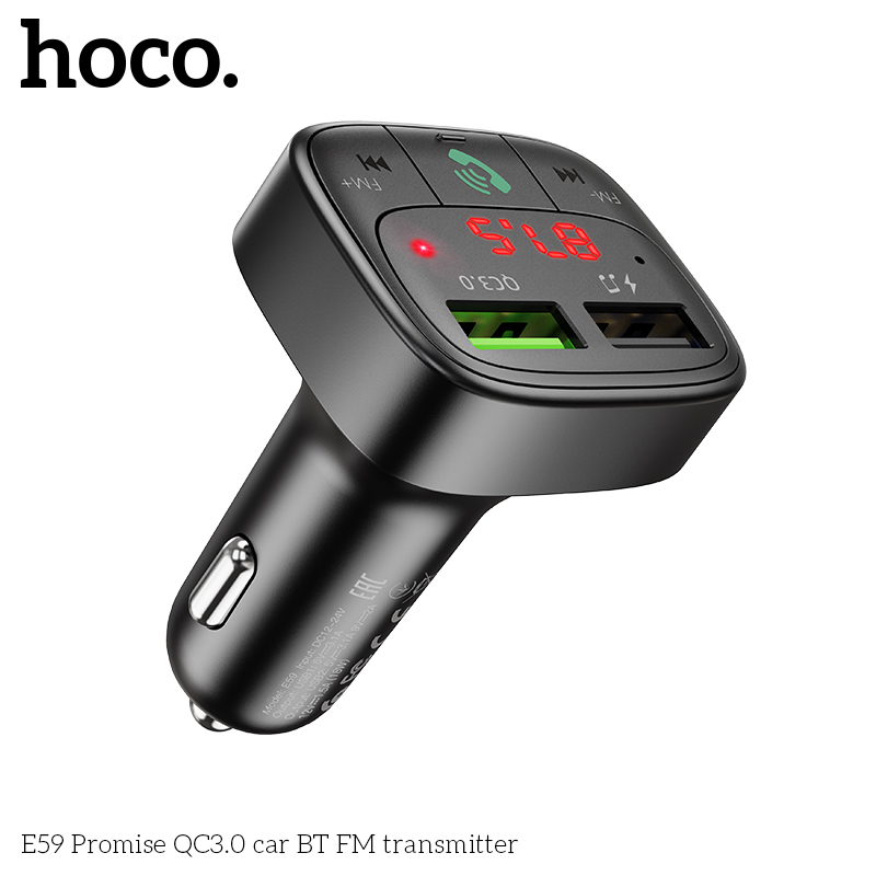 Tẩu sạc oto Hoco E59 V5.0, 2 cổng USB ( 5V/3.1A + Q.C 3.0 ) khe cắm thẻ TF, hỗ trợ nghe nhạc và sạc điện thoại. | BigBuy360 - bigbuy360.vn