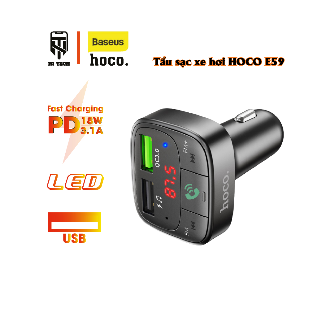 Tẩu sạc oto Hoco E59 V5.0, 2 cổng USB ( 5V/3.1A + Q.C 3.0 ) khe cắm thẻ TF, hỗ trợ nghe nhạc và sạc điện thoại.