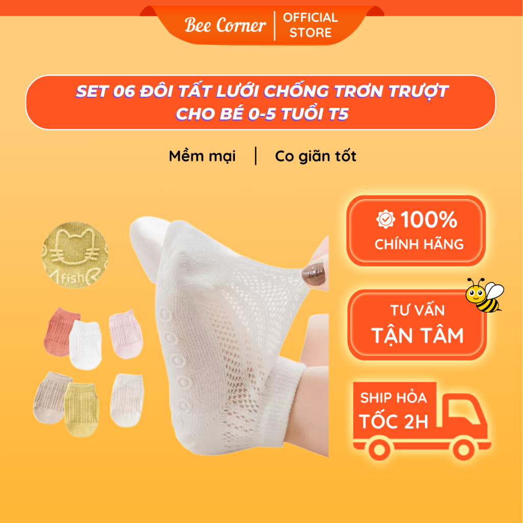 Tất Lưới Chống Trượt Cho Bé Chất Liệu Cotton Mềm Mịn, Vớ Cho Bé Beecorner Set 06 Đôi T5