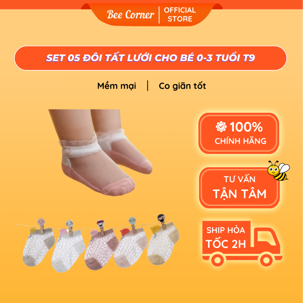 Tất lưới cho bé thoáng khí set 5 đôi , vớ cho bé gái và trai mùa hè phong cách Hàn Quốc T9 Beecorner