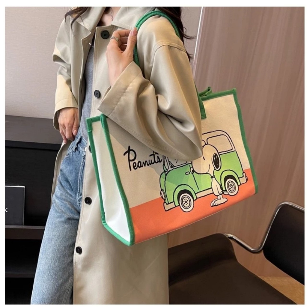 Túi Tote Đeo Vai Vải Canvas Cỡ Lớn In Hoạt Hình Snoopy Đáng Yêu Thời Trang