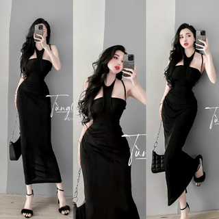 đầm gân dáng dài cổ yếm tam giác 2 dây