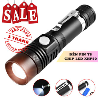 Sale || Đèn Pin Cầm Tay Mini Siêu Sáng T8, Thiết Kế Nhỏ Gọn, Đèn Có Zoom Xa Gần, Đèn Pin Sạc Type C Chống Nước Tốt IPX6
