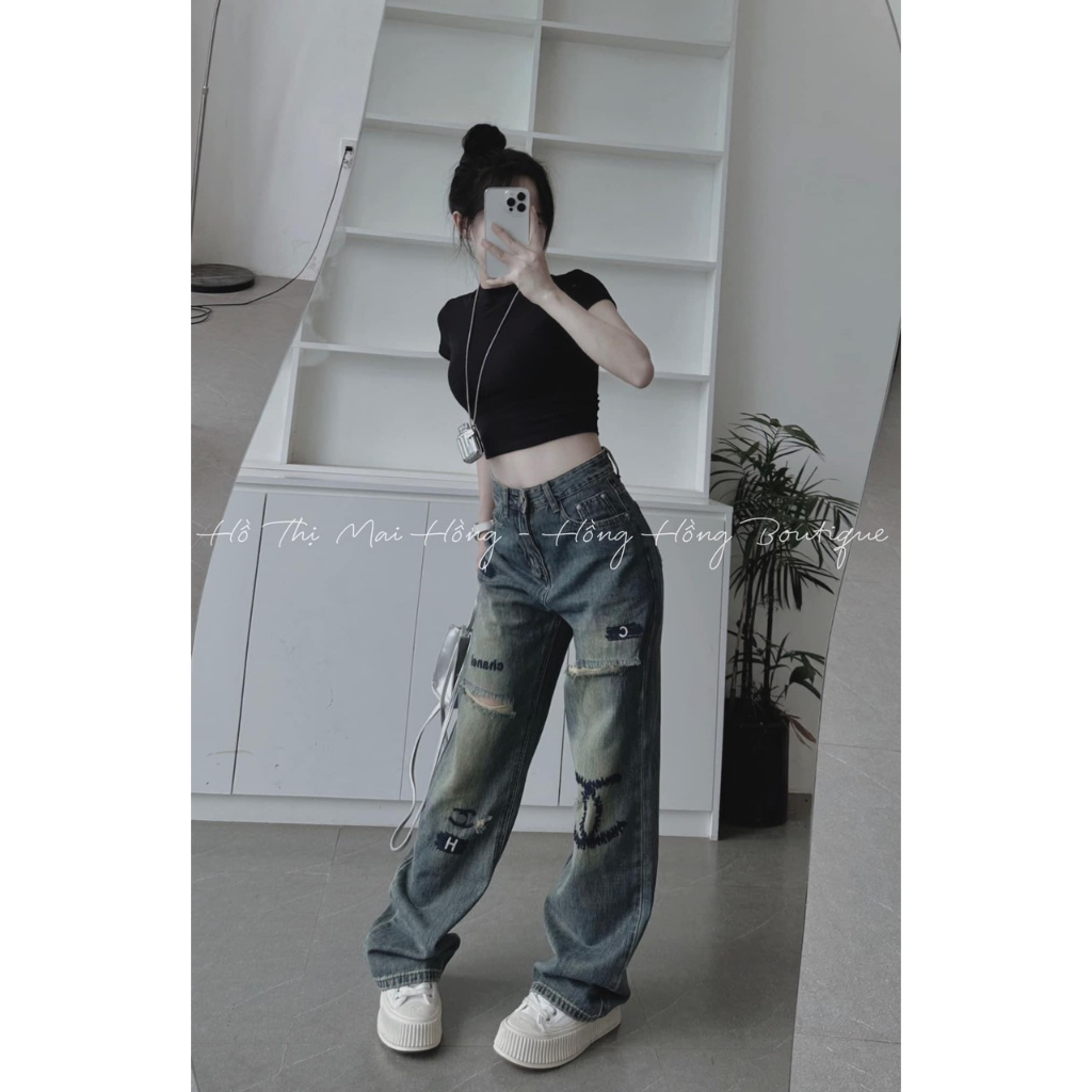 Quần Jeans thêu chữ C xuông màu xanh bụi co dãn nhẹ hàng siu đẹp