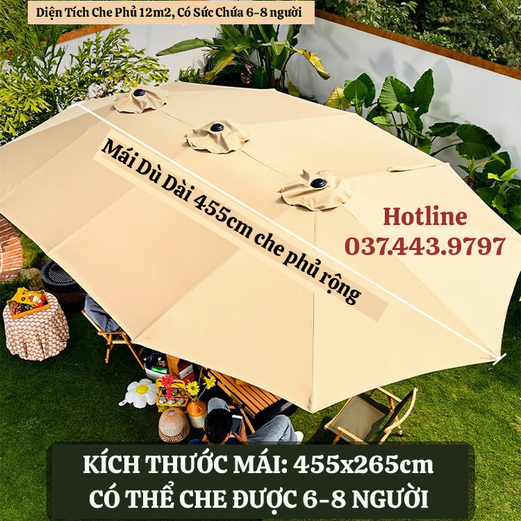 Ô Dù Chính Tâm Ba Mái Kết Hợp Dài 4.55m Rộng 2.65m Che Nắng Mưa Ngoài Trời Nhập Khẩu Chân Đế INOX Có In Logo