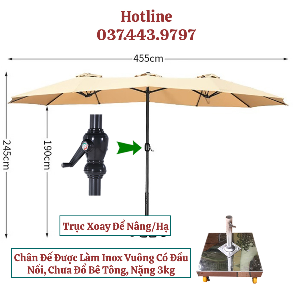 Ô Dù Chính Tâm Ba Mái Kết Hợp Dài 4.55m Rộng 2.65m Che Nắng Mưa Ngoài Trời Nhập Khẩu Chân Đế INOX Có In Logo