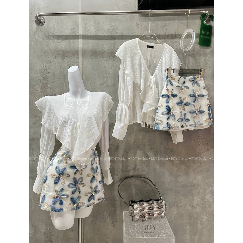 Set hoa xanh dài tay bèo buộc nơ tiểu thư