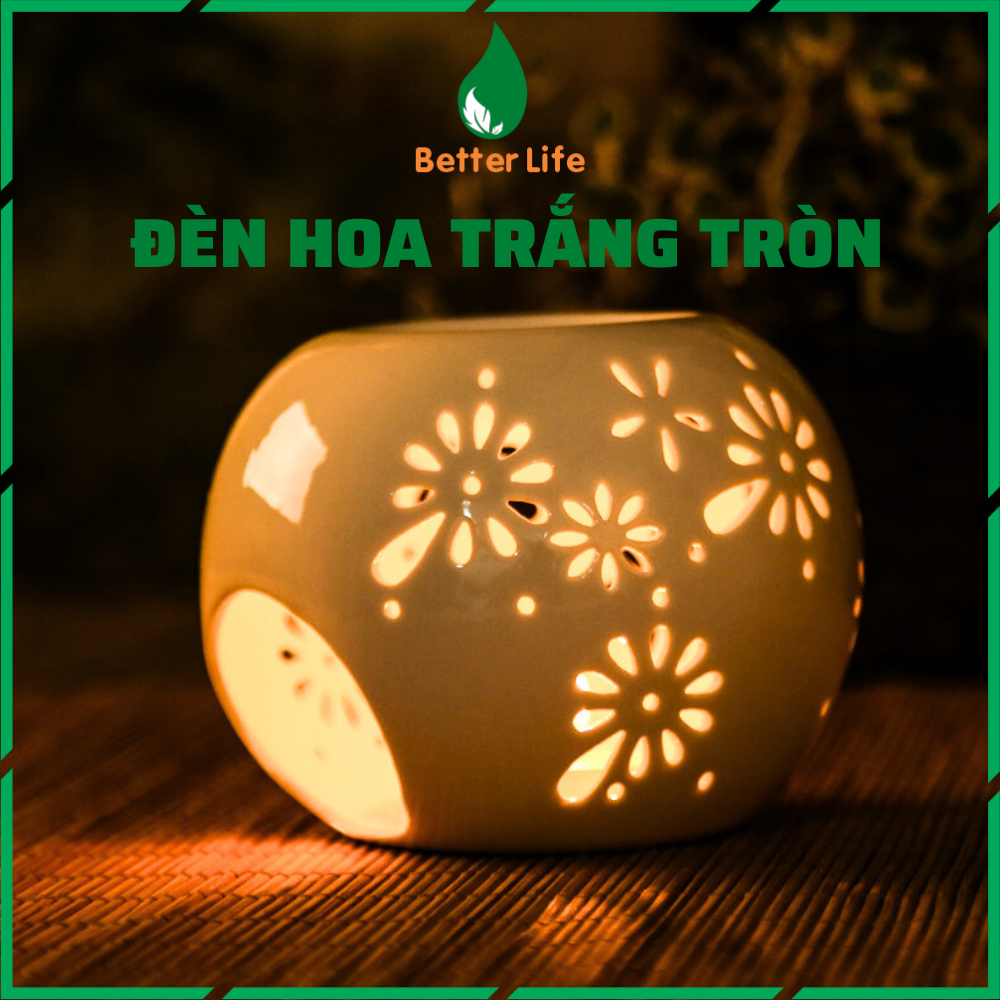 Đèn xông tinh dầu đốt nến tealight dáng tròn hoa nhí màu trắng decor phòng ngủ bàn làm việc